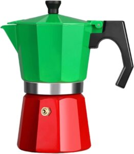 Cafeteira Italiana de Alumínio, Moka, Italia Verde e Vermelho, Café Expresso, Compatível com Fogão a Gás e Elétrico, Resistente, Não Tóxico (3 Xicaras)