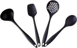 kit Utensílios Cozinha Silicone, 4 Peças, Preto, Colher de Sopa, Colher de Arroz, Escumadeira, Espátula, Livre de BPA