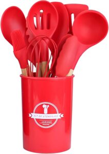 Jogo Utensílios de Cozinha em Silicone Cabo de Madeira 12 peças antiaderente (vermelho)