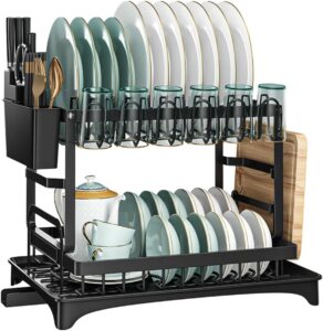 Escorredor De Louça Inox com Dois Níveis Preto, Porta Copos, Porta Talheres, Antiderrapante e com Drenagem Automática