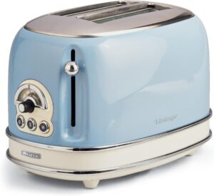 Ariete 155/15 – Torradeira com 2 ranhuras largas, vintage, 6 posições, função descongelar, reaquecer, cancelar, paredes frias, pés antiderrapantes, pega, 810 W, cor azul