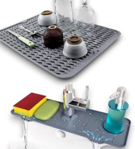 KIT 2 EM 1 tapete escorredor secador de louça copos e talheres 30 x 40 cm de silicone e tapete protetor de respingos de torneira, gotas de pia , agua na pia 14×36 cm de silicone.