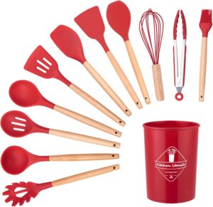 Conjunto de Utensílios de Cozinha de Silicone com Cabo de Madeira e 12 Peças (Vermelho)