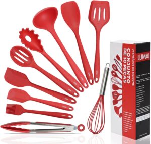 LUMAI Kit 10 Utensílios de Cozinha em Silicone e Aço Inox, Resistentes ao Calor e Antirriscos, Não Arranham, Conjunto Acessórios de Cozinha Completo com Espátula, Pegador, Concha, Colher – Vermelho