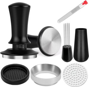 Kit de acessórios de café expresso de 58 mm, calcadeira de café expresso calibrada com mola, ferramenta Wdt para café expresso e tapete de calcadeira de silicone, funil de dosagem, tela de disco de