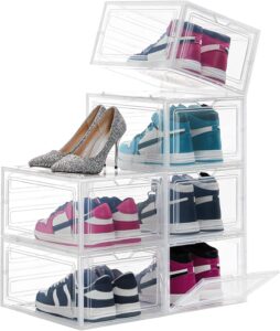 Caixa de armazenamento de sapatos SHARK BLUE transparente, empilhável, de plástico rígido, organizador de sapatos, dobrável, suportes para exibição de tênis, para entrada de armário