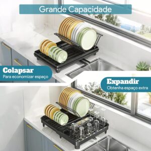 DEVA Escorredor de Louça Inox Sem Instalação, Escorredor de Pratos Expansível, Escorredor Grande com Bandeja para Porta-Copos, Escorredor de Louças com Acessórios Multifuncionais e Removíveis, Preto