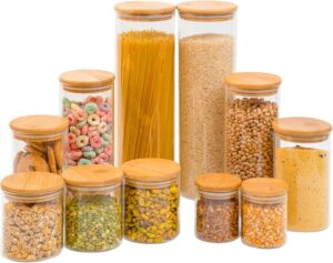 Kit 11 potes de vidro com tampa de bambu herméticos redondos – Tüd