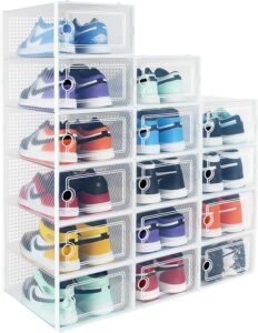 Hrrsaki Caixas de armazenamento de sapatos transparentes empilháveis – pacote com 15 organizadores dobráveis para armário e entrada, branco