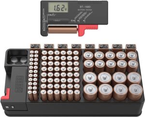 Organizador de bateria de armazenamento com testador pode conter 110 baterias vários tamanhos para AAA, AA, 9V, C e D tamanho e testador de bateria digital