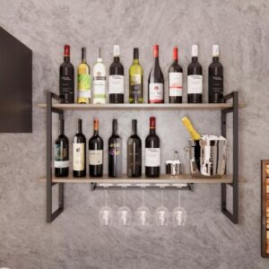 Adega De Bar Industrial Prateleira Dupla E Suporte Para Taça Madeira MDF Qualidade Pintura Epóxi Não Enferruja Regulagem De Altura Kit Montagem Durabilidade, Utilika Distribuidora® (Preto, 120cm)